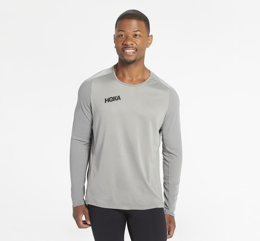 Top Hoka One One Hombre - Performance Largos Sleeve - Gris - RIQ975032